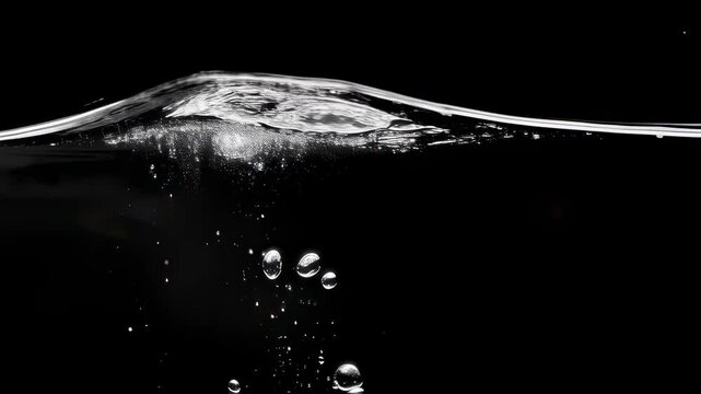 Dynamic rippling water surface with rising bubbles on black background