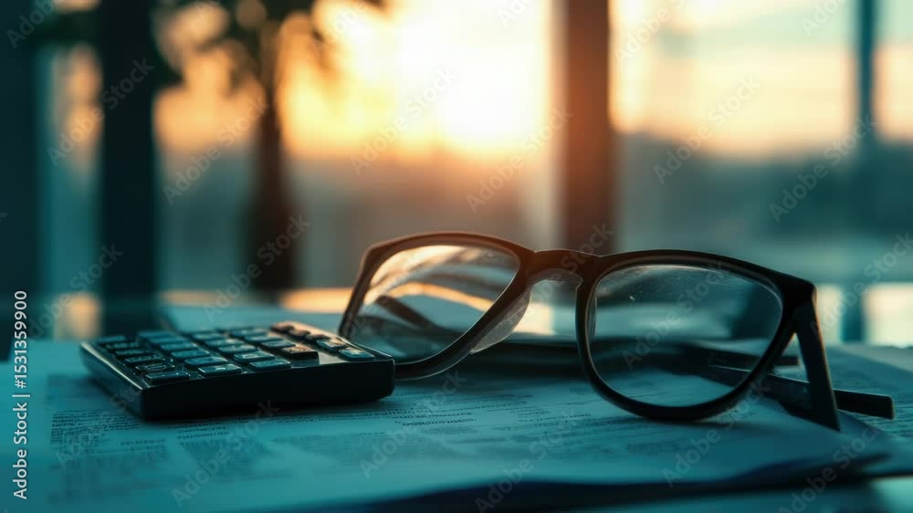 Poster a pair of glasses and a calculator sit next to each other on a table, ready for use