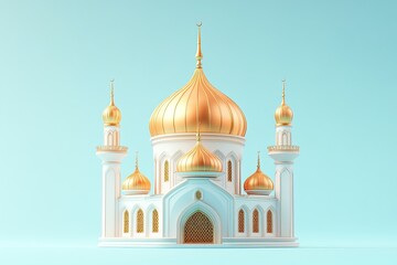 3D model of a mosque, pale blue background, gold domes