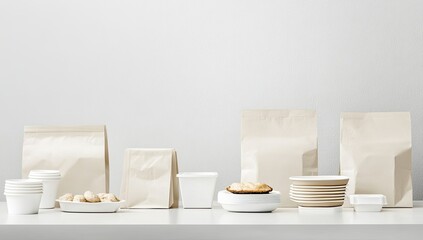 Beige and white food packaging on a white surface.  A minimalist still life showcasing various sized kraft paper and white plastic containers and plates for takeout or delivery