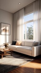 Bright living area with comfortable couch, soft natural light, and minimalist decor evokes tranquil indoor atmosphere.