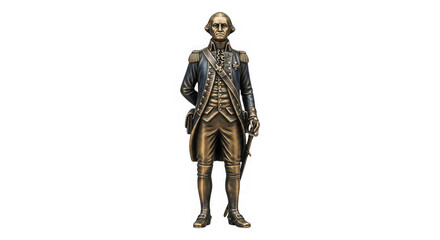 Detailed full shot rendering shows bronze figure in revolutionary war uniform on black background.
