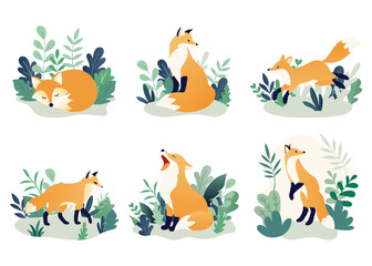 Set of Cute Fox in Forest Scene, Flat Animal Cartoon Design