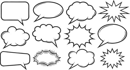 Fototapeta premium Retro empty comic speech bubbles set with black halftone shadows. Vintage design, pop art style - with comic book-style halftone shadows and bold black outlines. stock vector illustration.