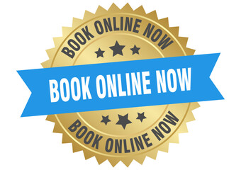 book online now. book online now round blue and gold label isolated on transparent background