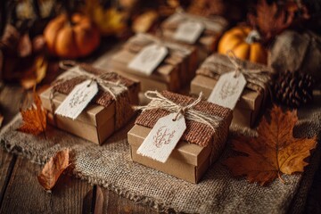 Autumnal gift boxes on burlap