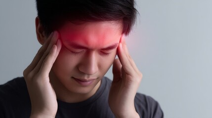 A young man experiences a headache. His hands touch his temples in distress. This image captures the struggle of pain striking a person. It expresses discomfort in a subtle style. AI
