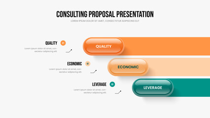 Consulting Plan Three Element Infographic Frame Template. Service Solution 3 Option Diagram Slideshow Layout. Enterprise Strategy Slide Design Vector Illustration.