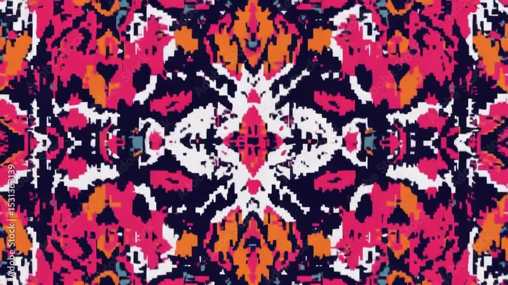 Poster a repeating pattern of pink and blue shapes on a black background