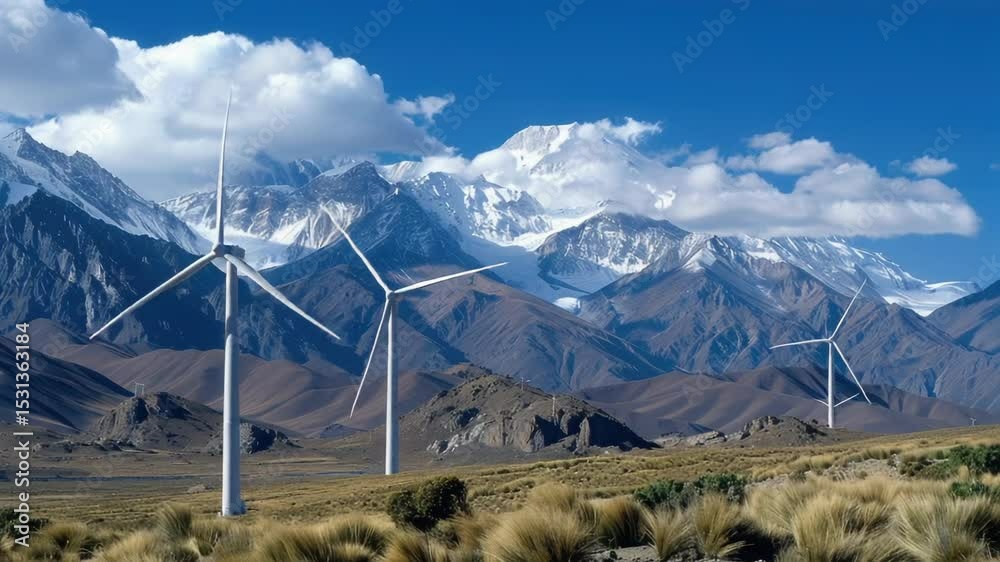 Poster a group of wind turbines standing tall in a field, surrounded by distant mountains