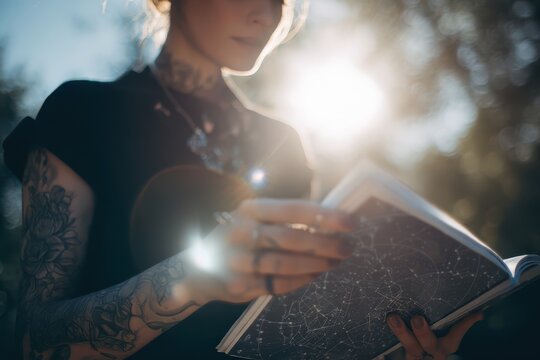 Witch engaging with astrological charts outdoors during golden hour, surrounded by nature, embodying a serene connection to the cosmos and self-discovery