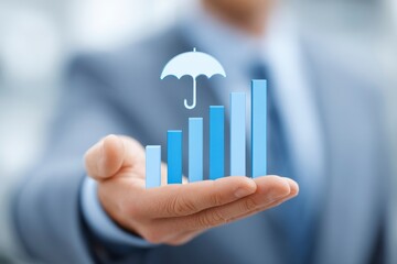Businessman Holding Graph with Umbrella Symbolizing Protection Concept