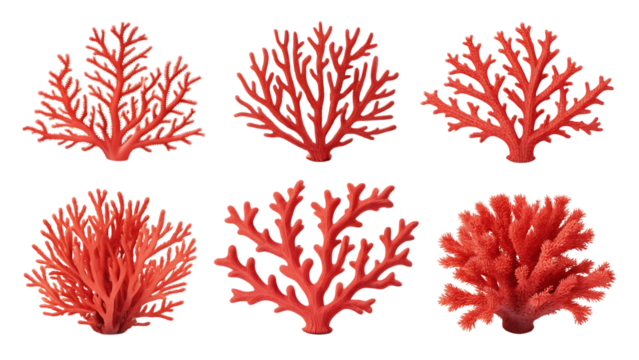 Six vibrant red coral specimens isolated on transparent background