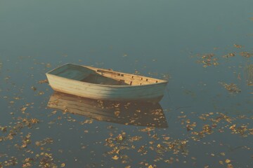 Boat resting peacefully on still waters surrounded by autumn leaves at dusk
