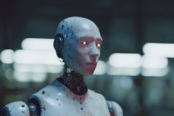 Humanoid AI robot with glowing eyes stands in dimly lit futuristic facility showcasing advanced technology and design