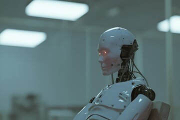 Portrait of a humanoid AI robot seated in a modern lab showcasing advanced technology and artificial intelligence development