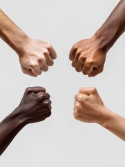 No to racism. Equality. Clenched fists and thumbs up of people of different skin colors on gray background