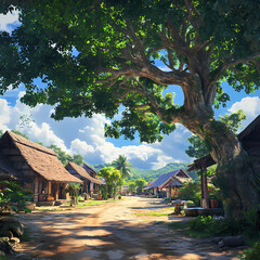 Fototapeta premium SunDappled Village Path A Tranquil Scene of Rustic Houses Under Lush Tropical Foliage isolated on transparent background