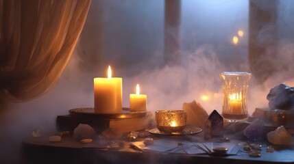 Mystical atmosphere with candles and crystals surrounded by swirling fog in a dimly lit room during the evening