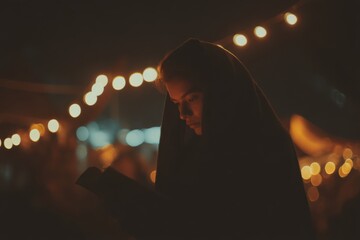 Young woman in dark shawl reading under warm fairy lights at night, creating a cozy and reflective atmosphere in a festive gathering