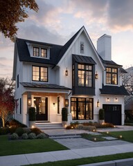 Modern Farmhouse Style Home Exterior at Dusk