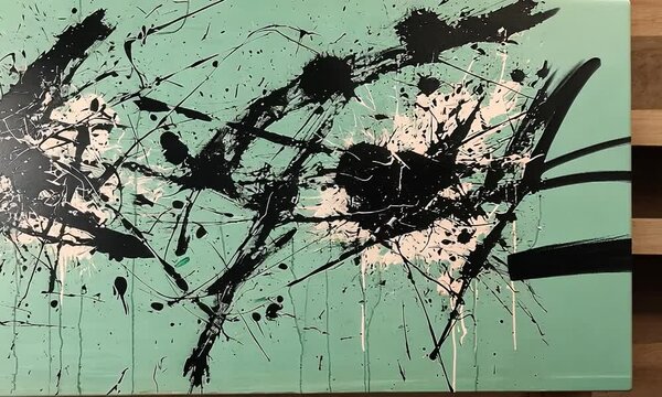 Abstract expressionist artwork featuring dynamic black splatters on a teal background