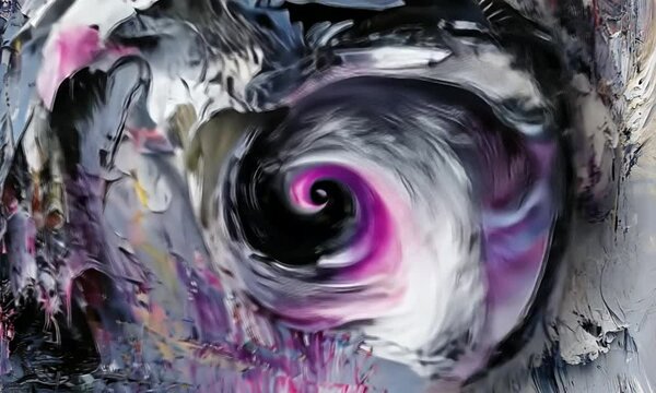 Abstract expressionist painting featuring textured layers of gray, pink, and black, evoking emotion