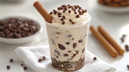 Creamy chocolate dessert drink in clear cup topped with whipped cream and chocolate chips