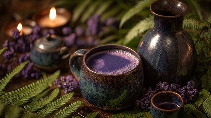 Fototapeta premium Violet-toned mousse and rustic ceramic tea set, surrounded by ferns and candlelight