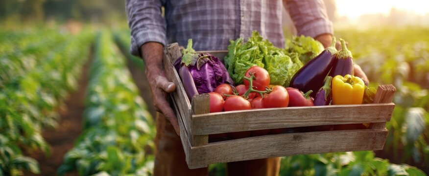 The farmer proudly displays a wooden basket filled with fresh vegetables.