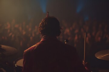 Drummer captivates audience in a vibrant performance filled with energy and anticipation during a live music event at dusk
