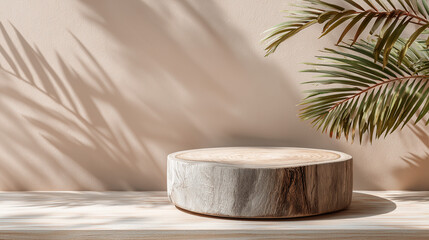 Natural wood podium with tropical palm shades. For showcasing skincare products, cosmetics or branding organic products. Warm, serene and stylized for spa, wellness or eco products.                   
