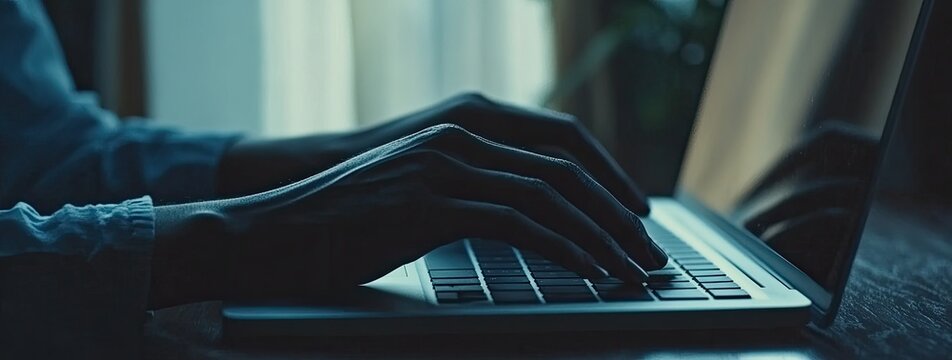 Close-up of hands typing on a laptop keyboard in low light