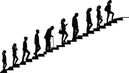Silhouettes of people of different ages walking up and down stairs against a white background in a row