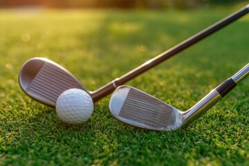Golf clubs and ball on a grassy course at golden hour