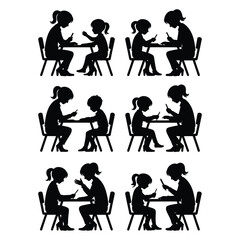 Silhouette illustrations of teacher or adult guiding student at desk in educational setting
