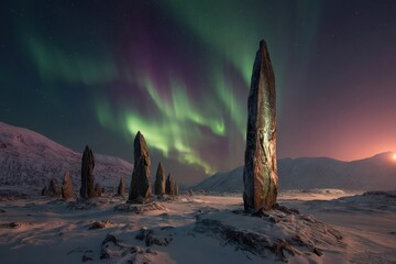 Performing an ancient ritual in a snow-covered landscape under the northern lights at night with stone formations illuminated in Greenland
