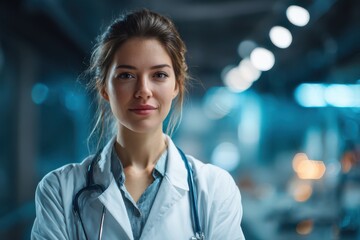 Young female doctor wearing a stethoscope stands confidently in a modern medical facility during daylight hours