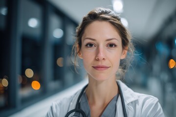 Young female doctor wearing a stethoscope in a healthcare facility corridor with bright lights and blurred background, focused on her medical duties