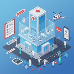 Obraz premium Isometric Illustration of a Modern Hospital and Healthcare Environment
