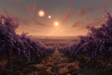 Vineyard on an alien planet at sunset with vibrant purple foliage and three suns illuminating the horizon