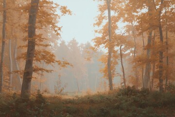 Wide autumn forest landscape showcasing vibrant orange and yellow leaves in a serene, misty atmosphere among tall trees