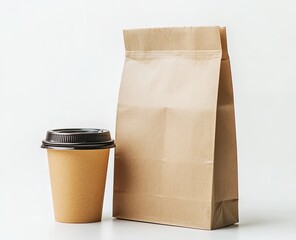 A brown paper lunch bag and a coffee cup on a white surface