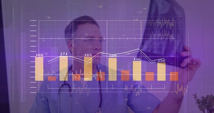 Medical doctor receiving animated charts while lifting x-ray for correlating patient vitals