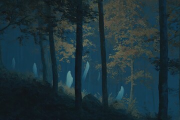 Ethereal autumn night in a secluded forest illuminated by moonlight with mysterious figures among the trees