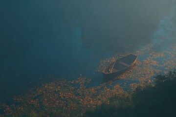 Moody cinematic scene featuring a wooden boat floating on a tranquil lake surrounded by mist and autumn leaves at dawn