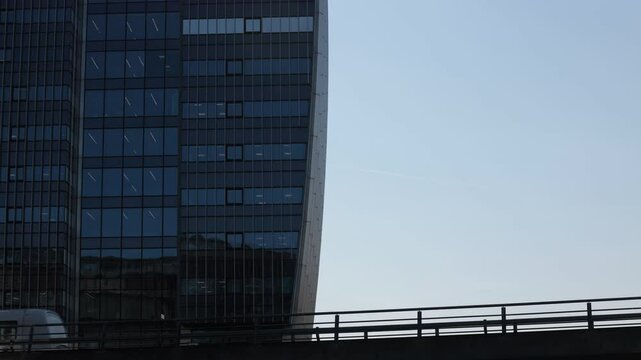 Copenhagen, Denmark An elevated Metro train on the M1 line passes the modern buildings in the Orestad district.  