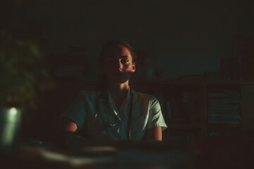 Female medical professional reflects in dimly lit room while contemplating crucial patient care moments during night shift