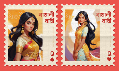 Elegant Bengali Women in Traditional Sarees &ndash; Cultural Portrait Stamp Art Illsutration Aesthetic Indian Asian
