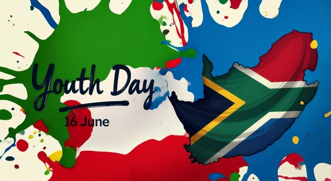 greeting card for Youth Day in South Africa, bold lettering "Youth Day 16 June", decorated with abstract shapes in South African flag colors	

